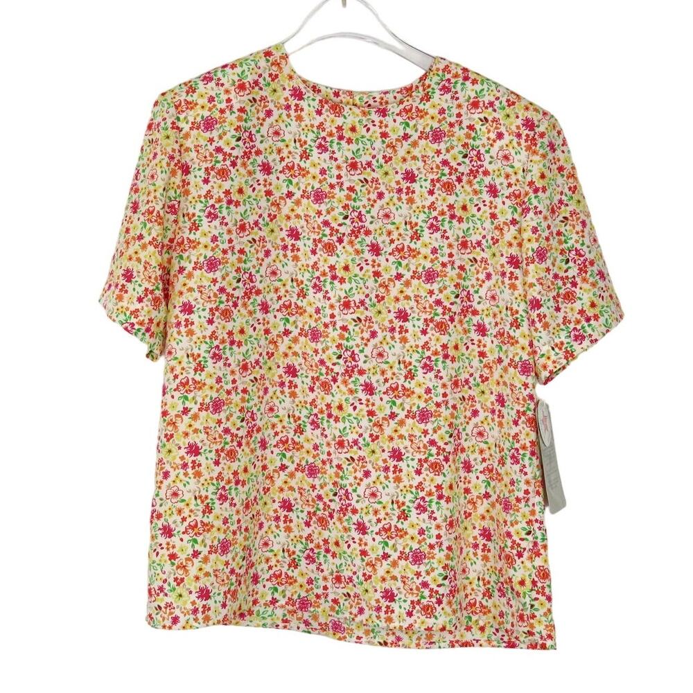 1980s Worthington Vintage Pink & Orange Retro Floral Blouse Medium Deadstock